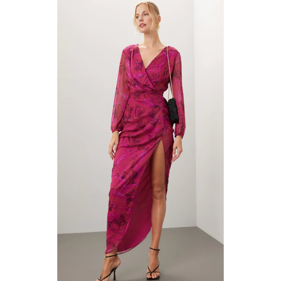 Amanda Uprichard Dress Womens Large Pink Floral Roma Gown Ruched Slit Side - Picture 1 of 13